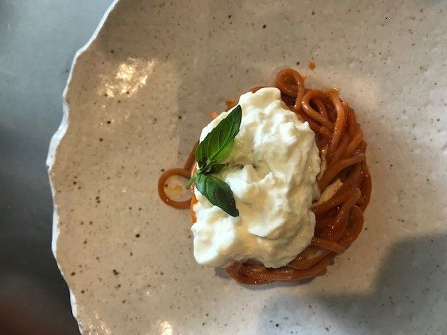 Pasta al Pomodoro with stracciatella and fresh basil. A Taste of Aromi with Chef Paolo Masciopinto.