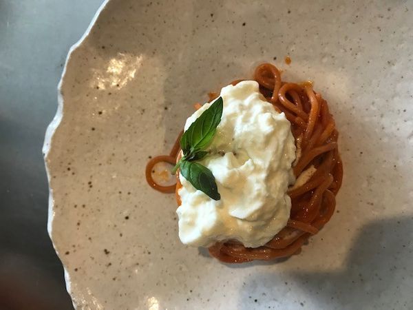 Pasta al Pomodoro with stracciatella and fresh basil. A Taste of Aromi with Chef Paolo Masciopinto.